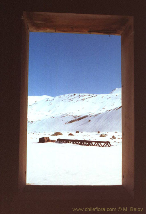 An image of a wooden window frame through which an iron bridge and snow-covered mountains can be seen, in the vicinity of Baos Morales and Baos de la Colina.
