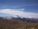 View of Descabezado Grande y Cerro Azul in summer from Guamparo Range, Lircay, Vilches, Chile.